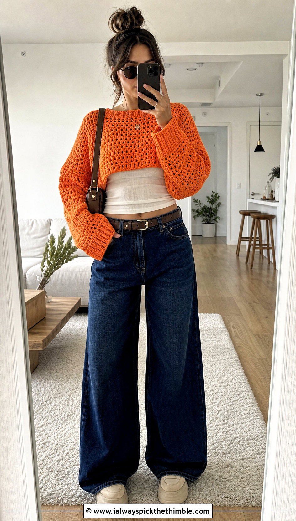 Cropped Oversized Crochet Jumper With Wide Leg Jeans - 20 oversized crochet jumper outfit ideas