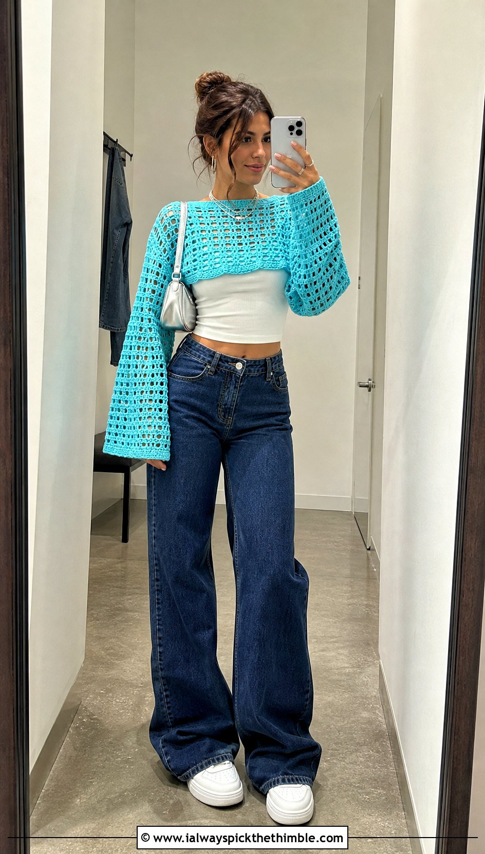 Cropped Oversized Crochet Sweater With Wide Leg Jeans - 25 oversized crochet sweater outfit ideas