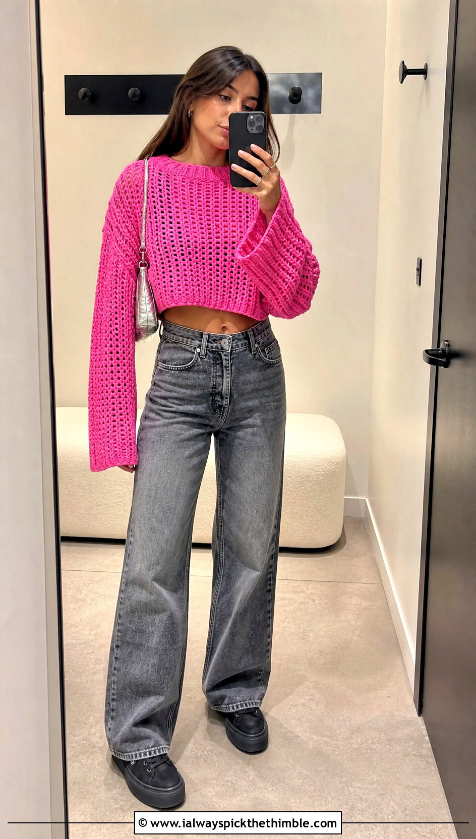 Cropped Oversized Crochet Sweater With Wide Leg Jeans - 25 crochet oversized sweater outfit ideas
