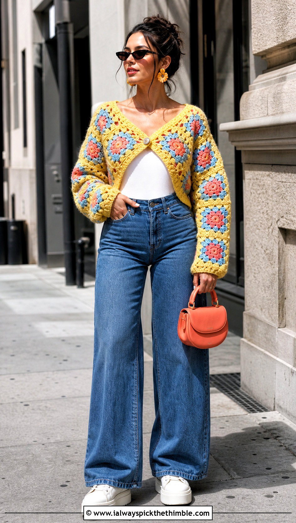 Cropped Oversized Granny Square Cardigan With Wide Leg Jeans - 20 Oversized Granny Square Cardigan outfit ideas