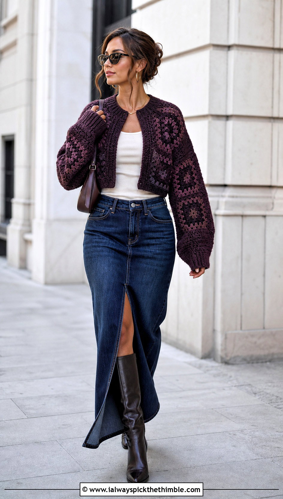 Cropped Oversized Granny Square Sweater With Denim Maxi Skirt - 20 oversized granny square sweater outfit ideas