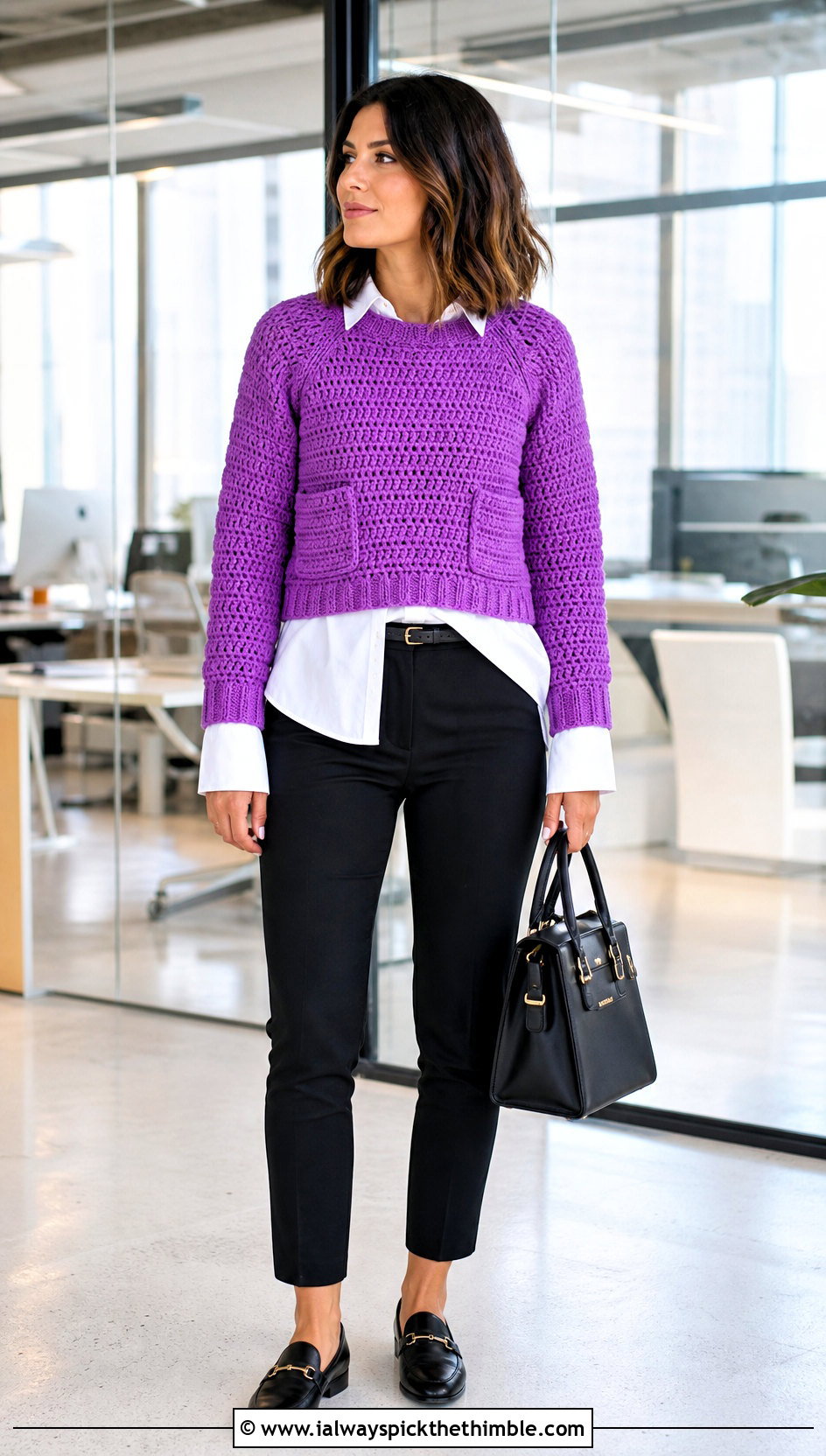Cropped Patch Pocket Raglan Crochet Sweater With Poplin Shirt - 15 pocket raglan crochet sweater outfit ideas