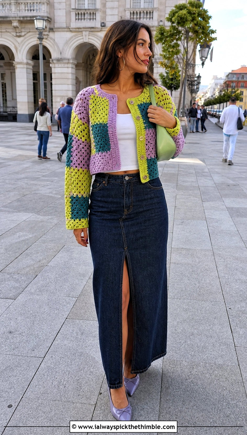 Cropped Patchwork Crochet Cardigan Sweater With Denim Maxi Skirt - 25 patchwork crochet sweater outfit ideas