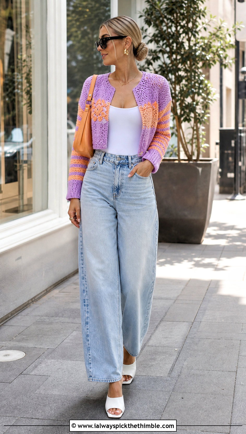 Cropped Patchwork Crochet Cardigan With Barrel Jeans - 20 two color crochet cardigan outfit ideas