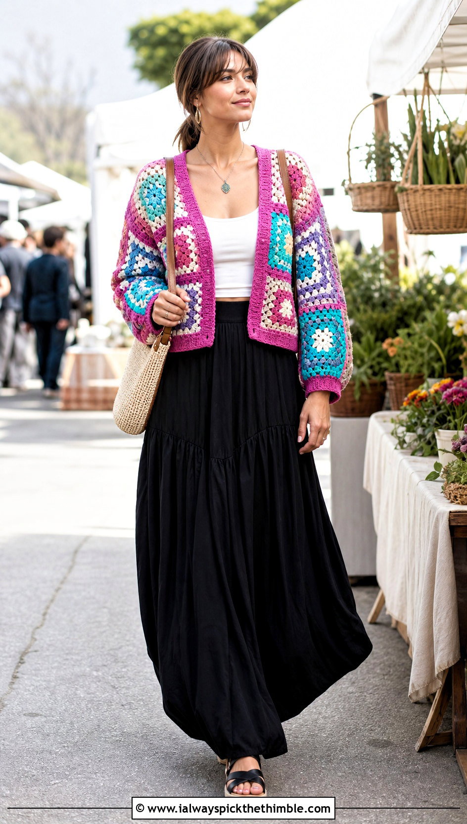 Cropped Patchwork Crochet Cardigan With Maxi Skirt - 25 cute crochet cardigan outfit ideas