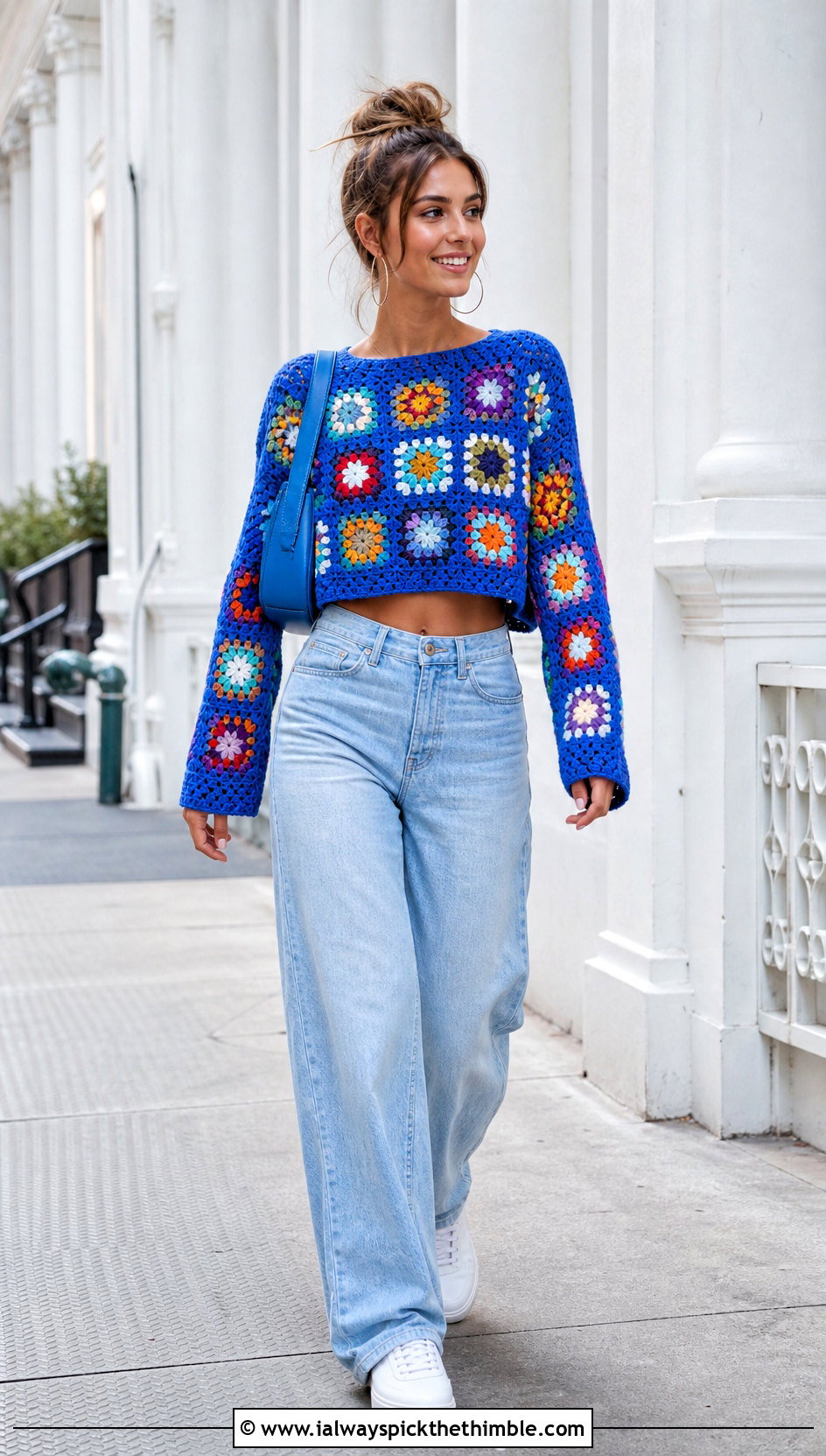 Cropped Patchwork Granny Crochet Sweater With Wide Leg Jeans - 20 granny crochet sweater outfit ideas