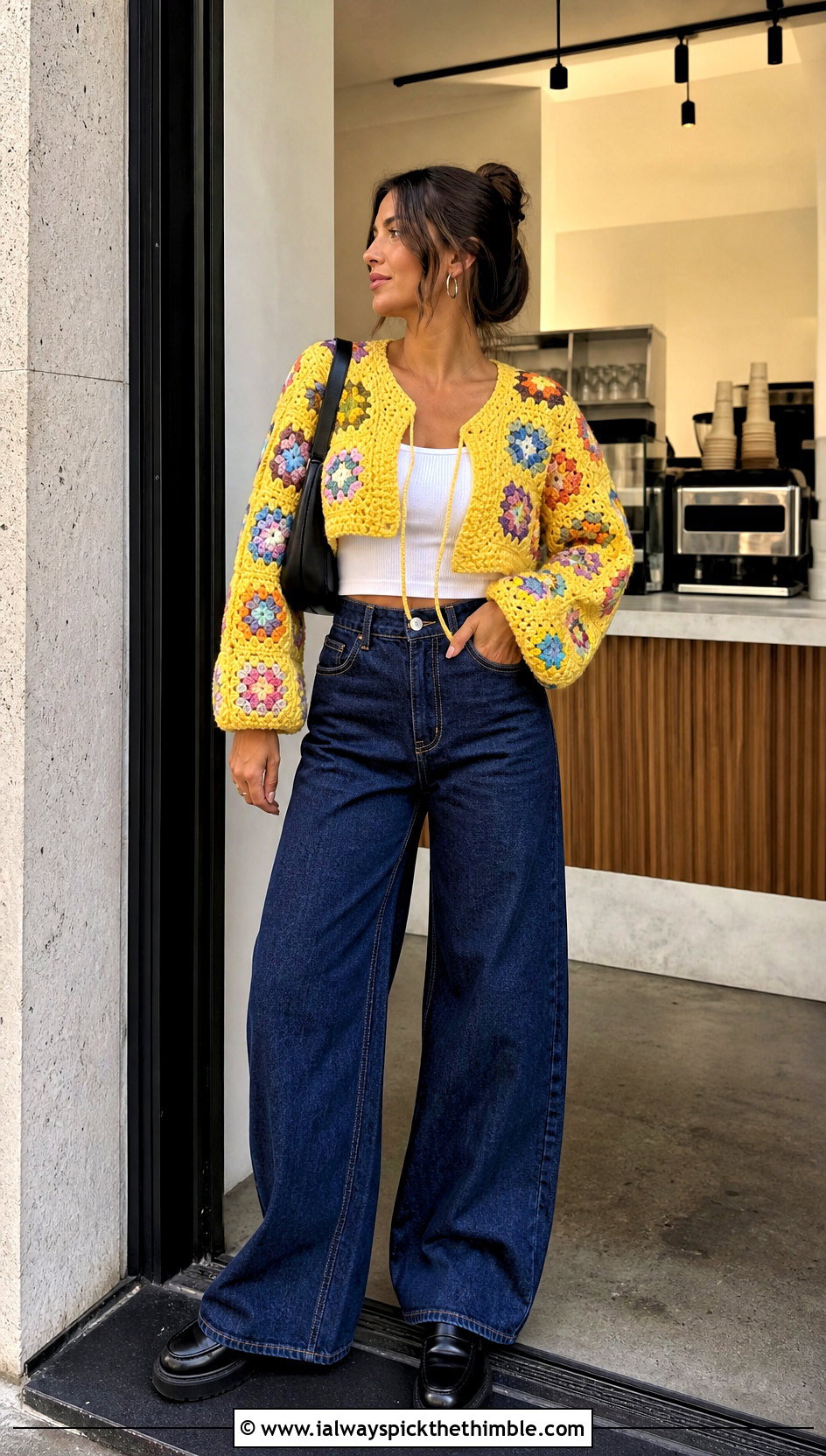 Cropped Patchwork Granny Jumper With Wide Leg Jeans - 20 Crochet Granny Jumper outfit ideas