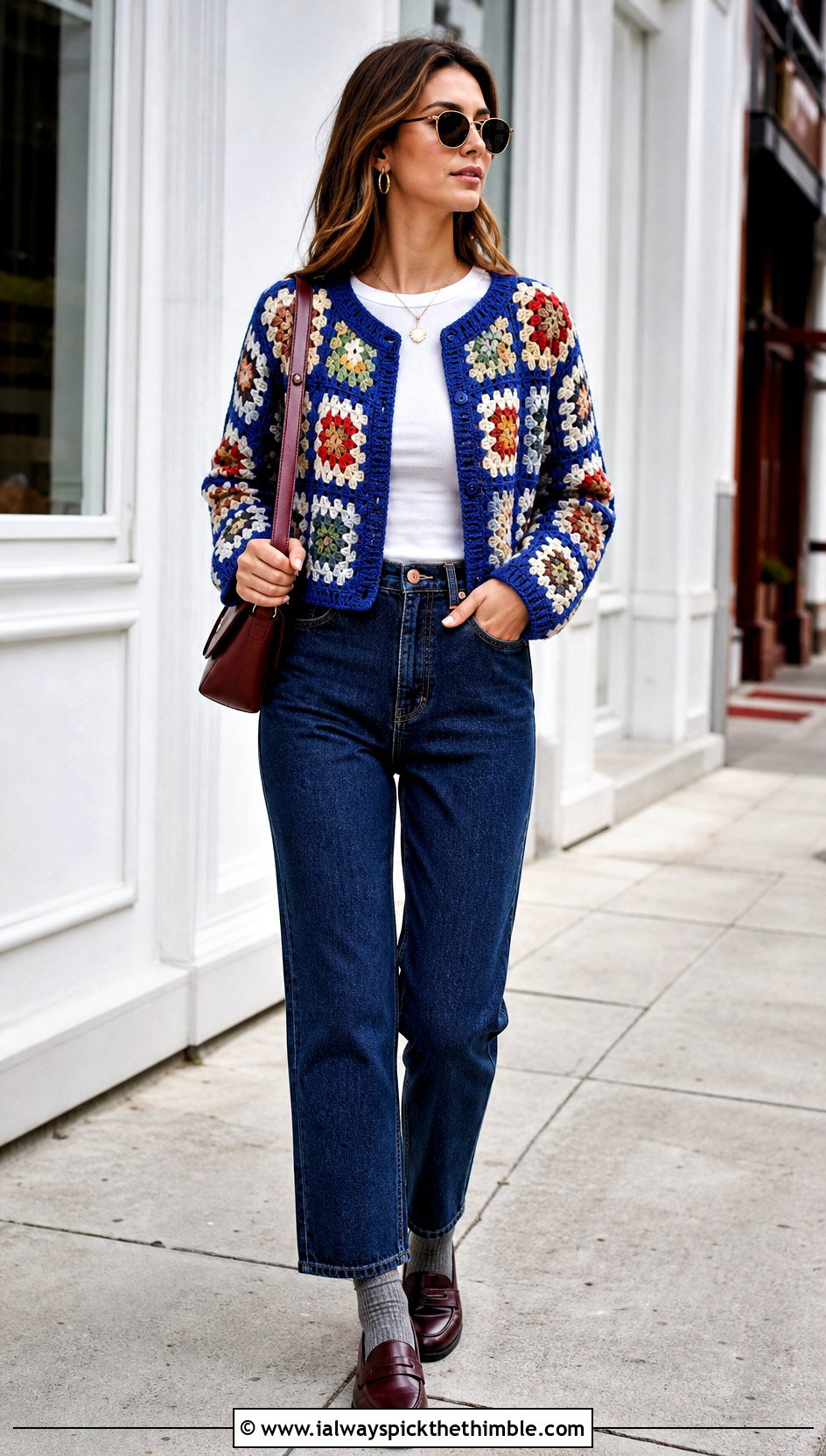 Cropped Patchwork Granny Square Cardigan With Straight Leg Jeans - 20 Crochet Fall Granny Square Cardigan outfit ideas