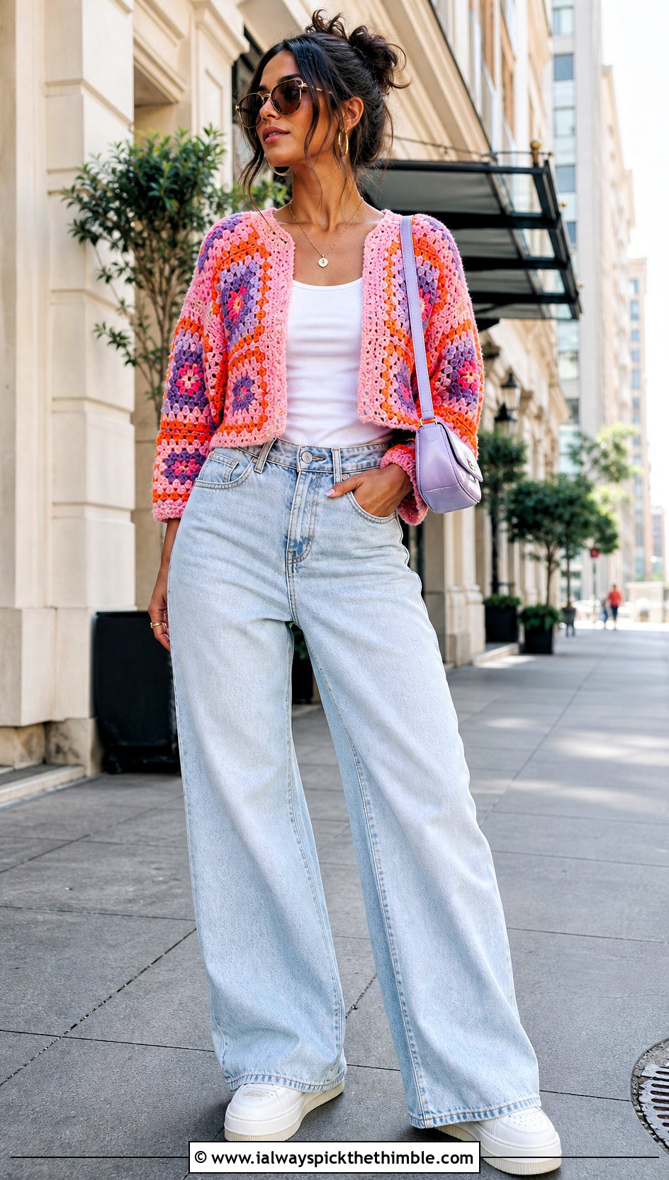 Cropped Patchwork Granny Square Cardigan With Wide Leg Jeans - 20 crochet granny squares cardigan outfit ideas