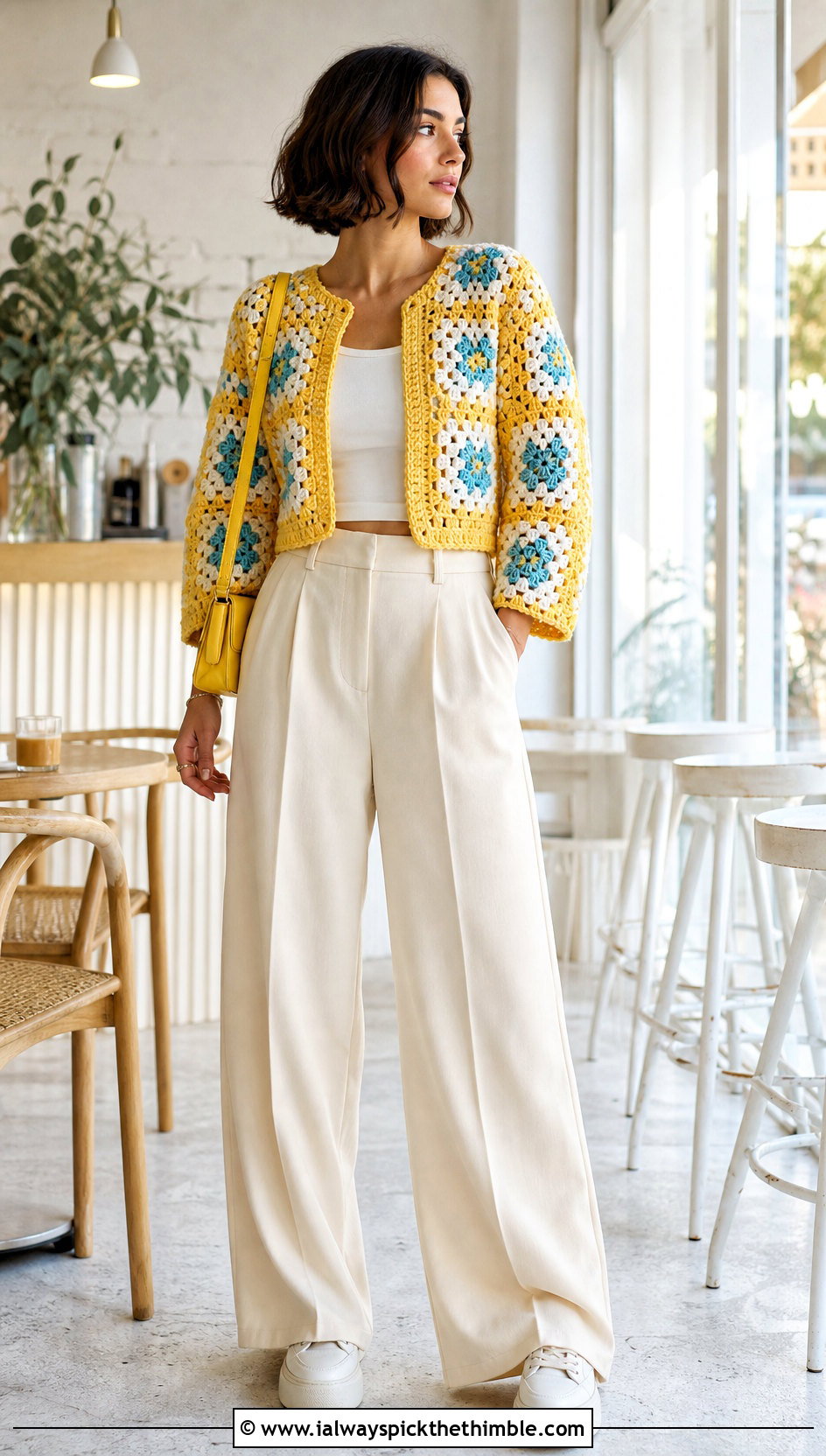 Cropped Patchwork Granny Square Cardigan With Wide Leg Pants - 25 Easy Simple Crochet Granny Square Cardigan outfit ideas