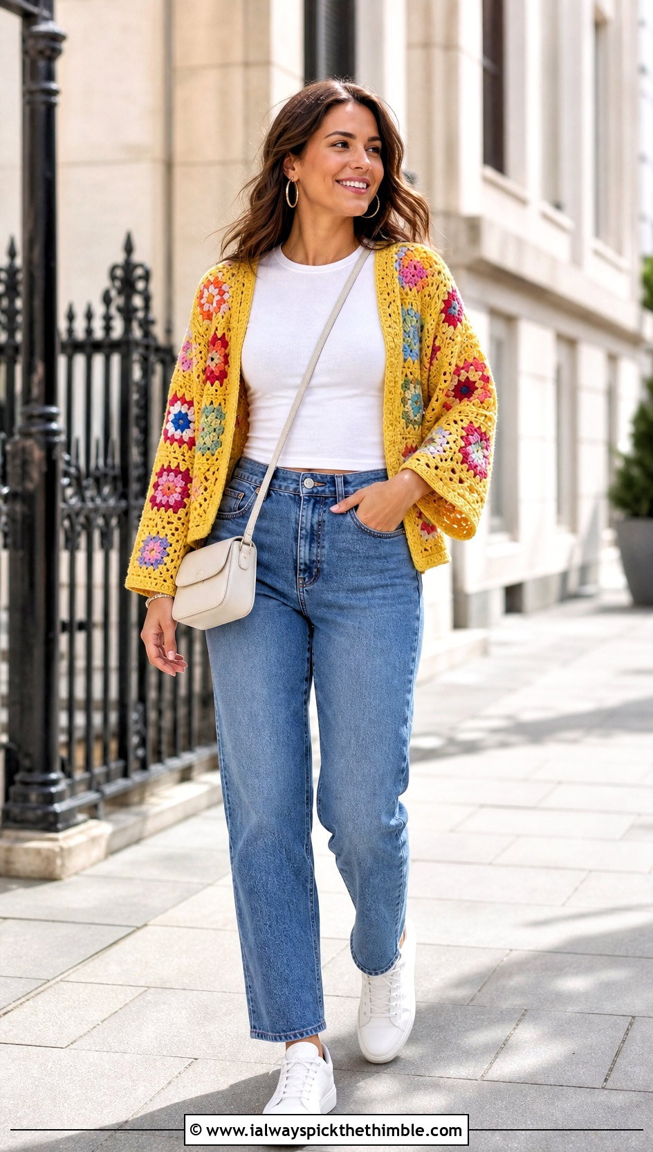 Cropped Patchwork Granny Square Kimono With Straight Leg Jeans - 15 crochet granny square kimono outfit ideas