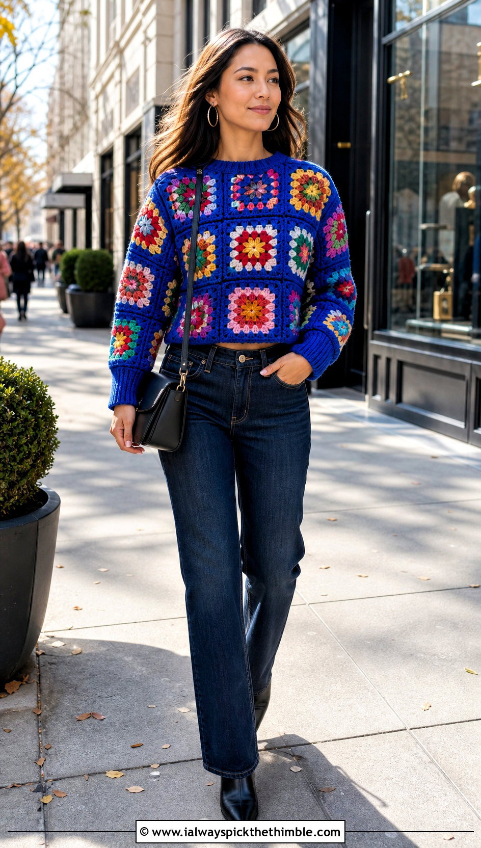 Cropped Patchwork Granny Square Pullover With Straight Jeans - 20 Fall Granny Square Sweater outfit ideas