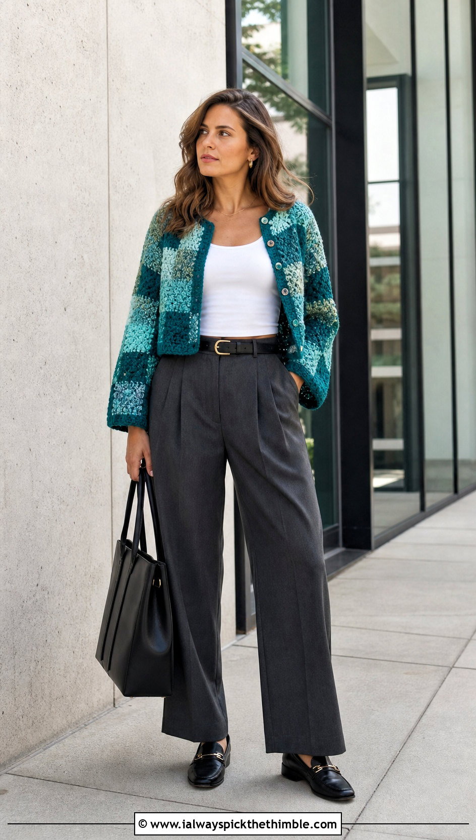 Cropped Patchwork Harry Styles Cardigan With Tailored Trousers - 15 Crocheting Harry Styles Cardigan outfit ideas