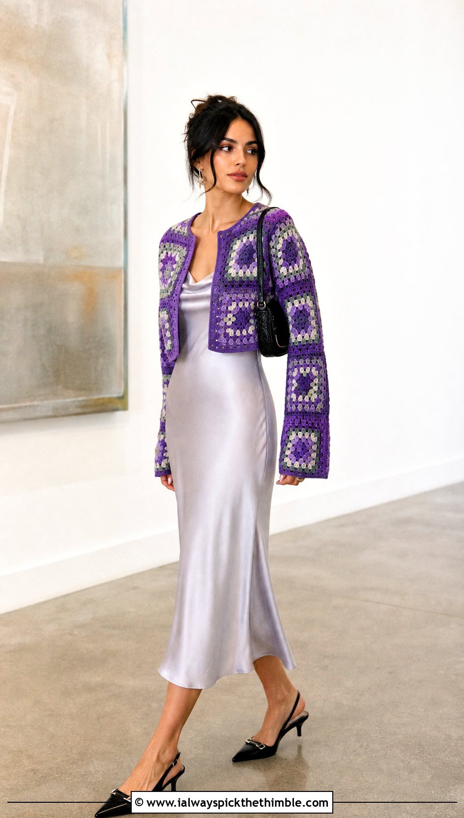 Cropped Patchwork Square Jacket With Slip Dress - 20 crochet square jacket outfit ideas