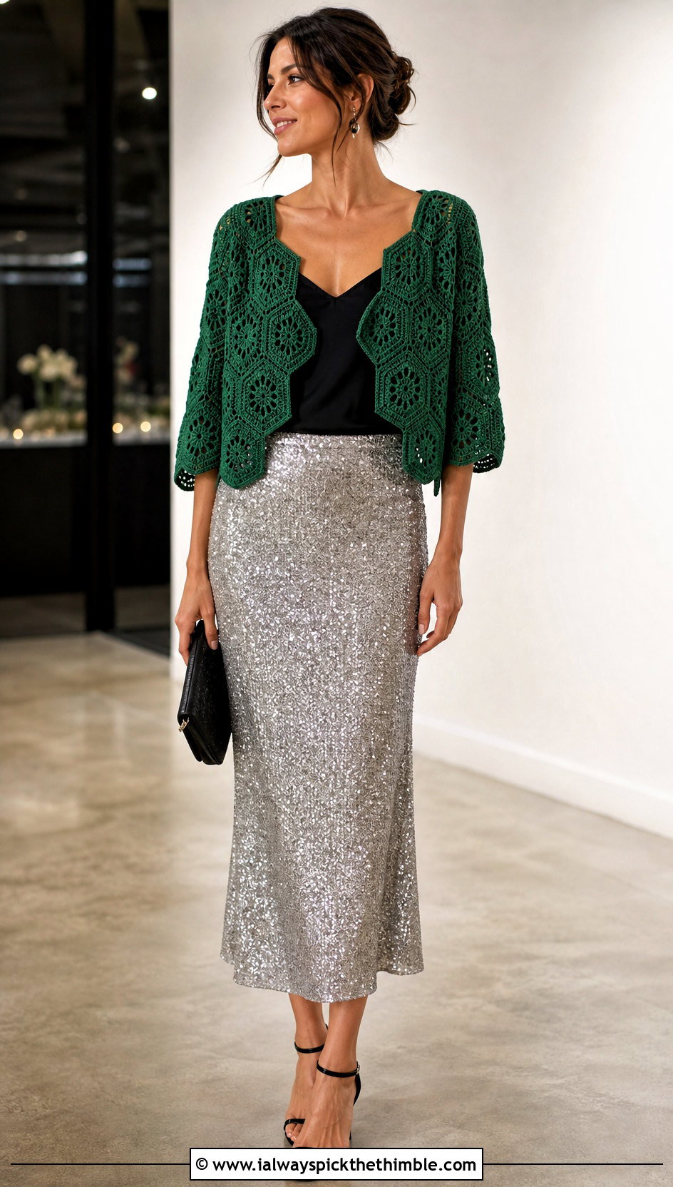 Cropped Pentagon Granny Square Cardigan With Sequin Midi Skirt - 20 Pentagon Granny Square Cardigan outfit ideas