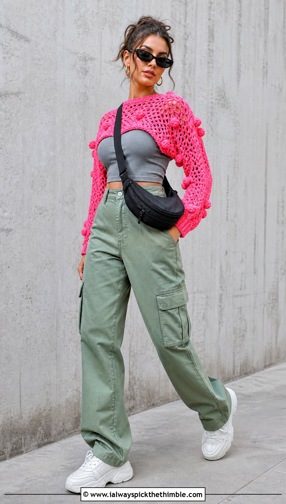 Cropped Pink Crochet Pom Pom Sweater With Cargo Pants - 15 pink crochet sweater with pom poms outfit ideas