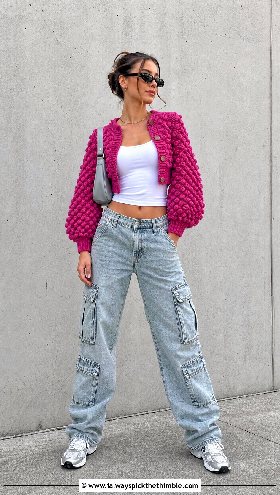 Cropped Puff Sleeve Bobble Cardigan With Cargo Jeans - 20 Crochet Bobble Cardigan outfit ideas