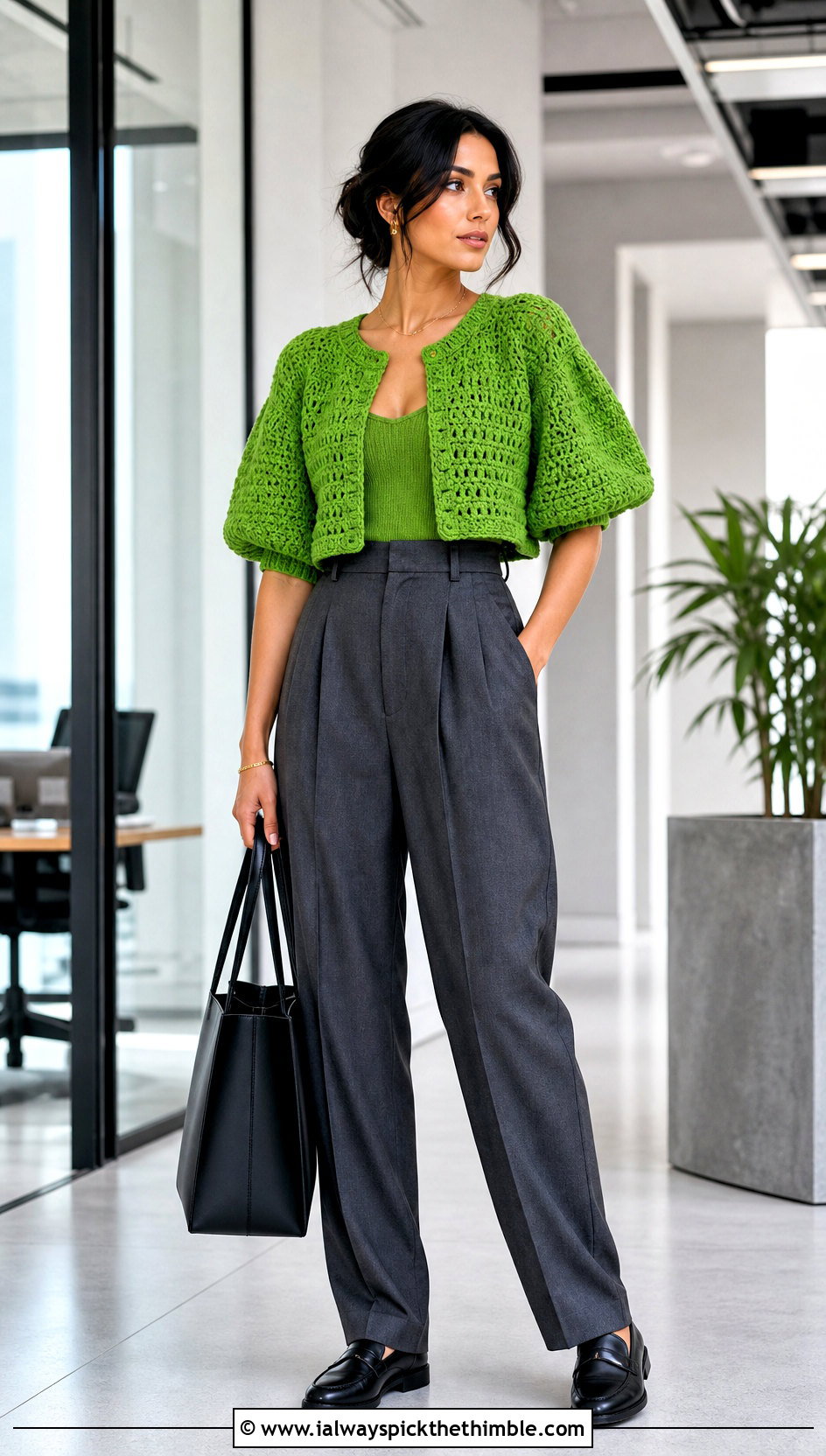 Cropped Puff Sleeve Crochet Sweater With Tailored Trousers - 15 Puffy Crochet Sweater outfit ideas