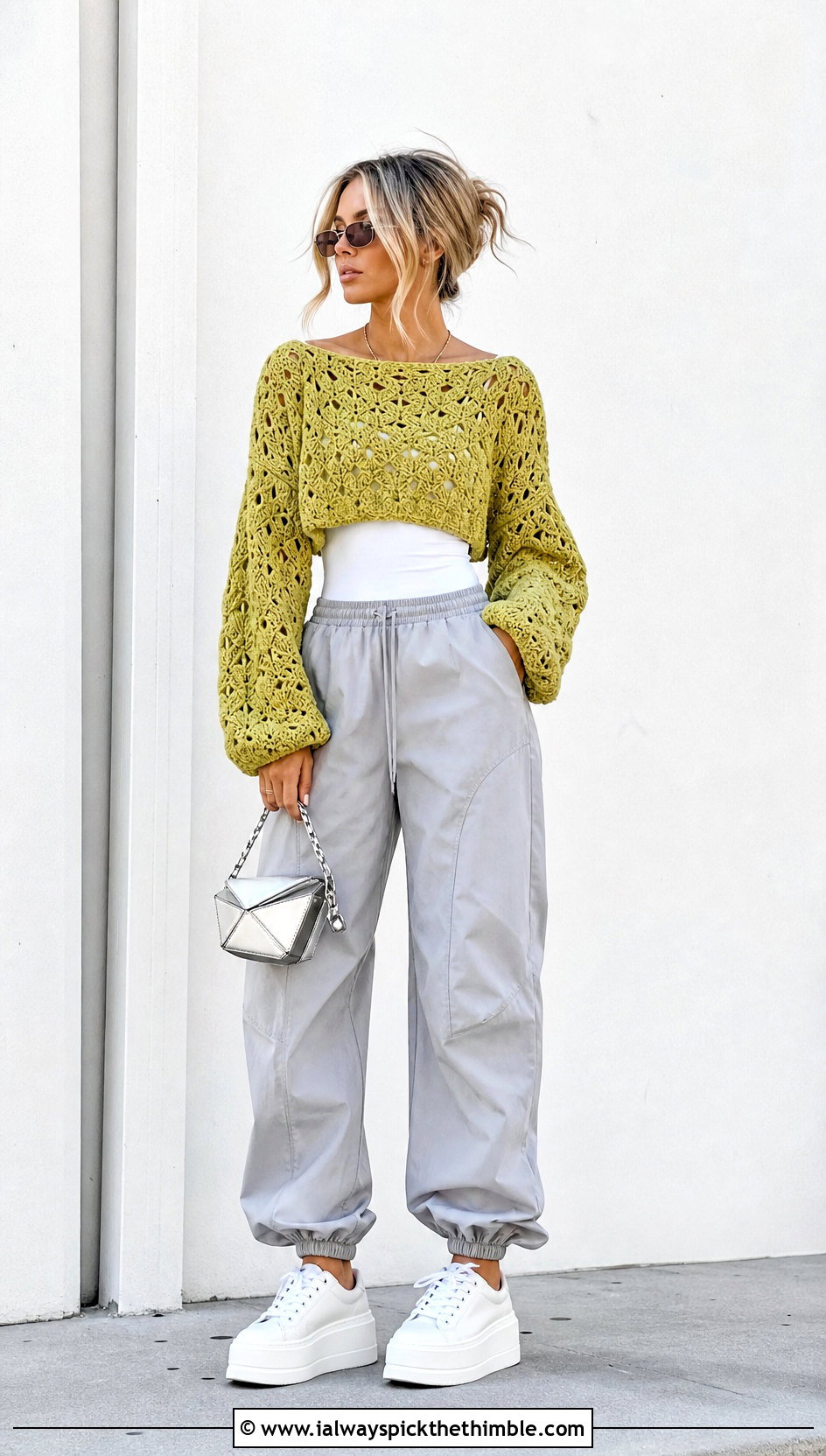 Cropped Puff Sleeve Fan Stitch Boatneck Crochet Sweater With Parachute Pants - 20 Boatneck Crochet Sweater outfit ideas