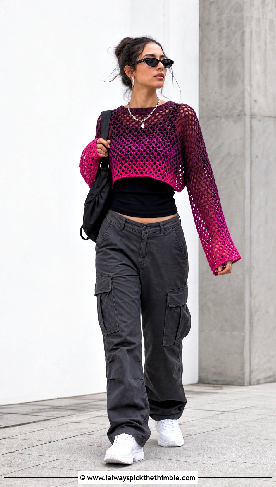 Cropped Purple Ombre Mesh Crochet Sweater With Cargo Pants - 15 purple ombre crochet sweater outfit ideas