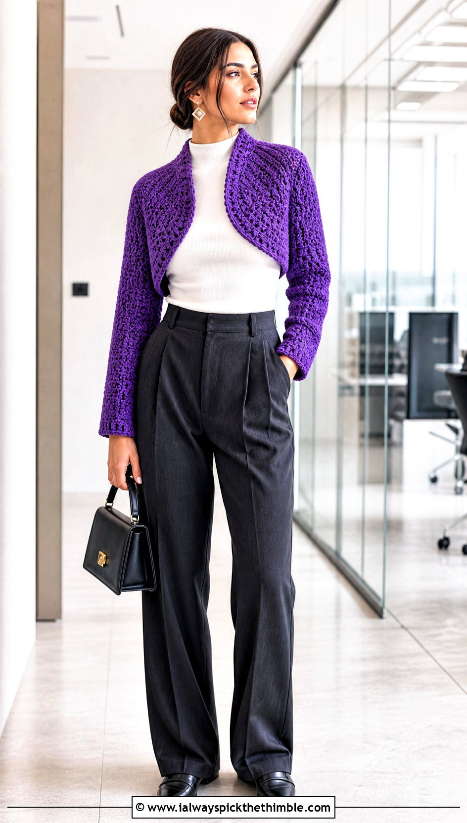 Cropped Raglan Bolero With Tailored Trousers - 25 crochet shrug bolero outfit ideas