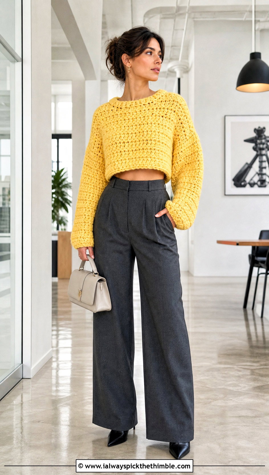 Cropped Raglan Crochet Chunky Sweater With Wide Leg Trousers - 25 crochet chunky sweater outfit ideas