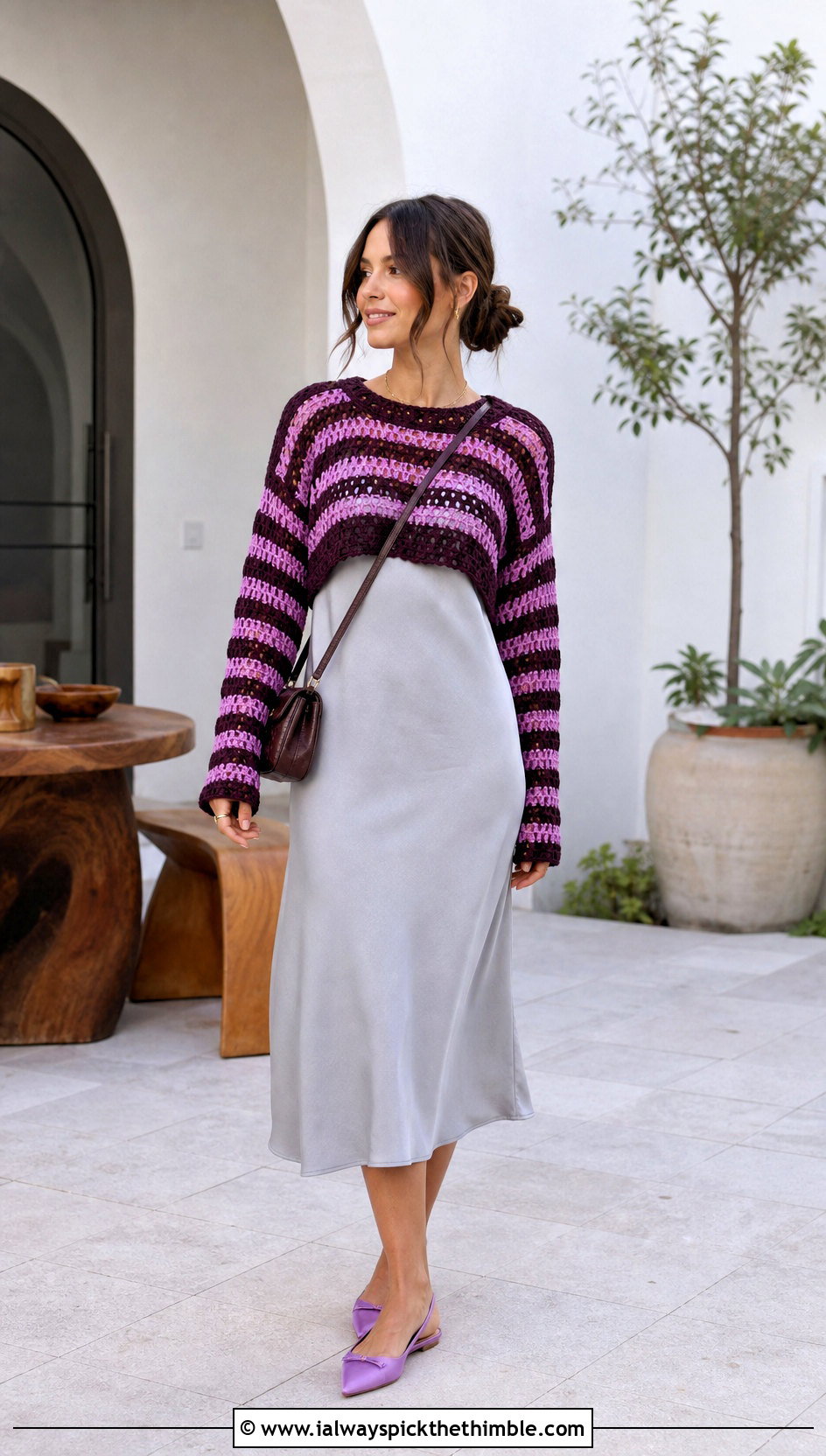 Cropped Raglan Crochet Striped Sweater Over A Slip Dress - 15 Crochet Stripped Sweater outfit ideas