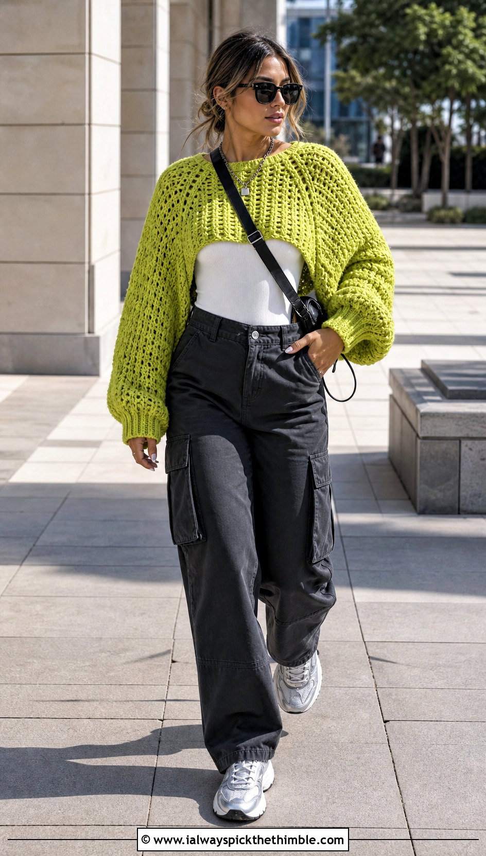 Cropped Raglan Crochet Sweater With Cargo Pants - 25 Crochet Top Sweater outfit ideas