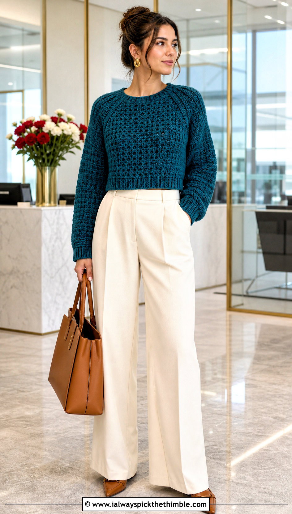 Cropped Raglan Crochet Sweater With Tailored Trousers - 20 Valentines Day Crochet Sweater outfit ideas