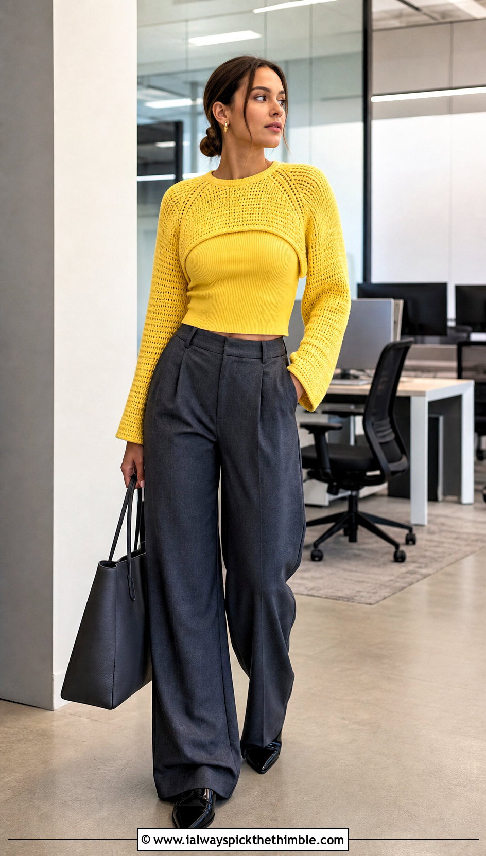 Cropped Raglan Crochet Sweater With Tailored Trousers - 20 crochet valentine sweater outfit ideas