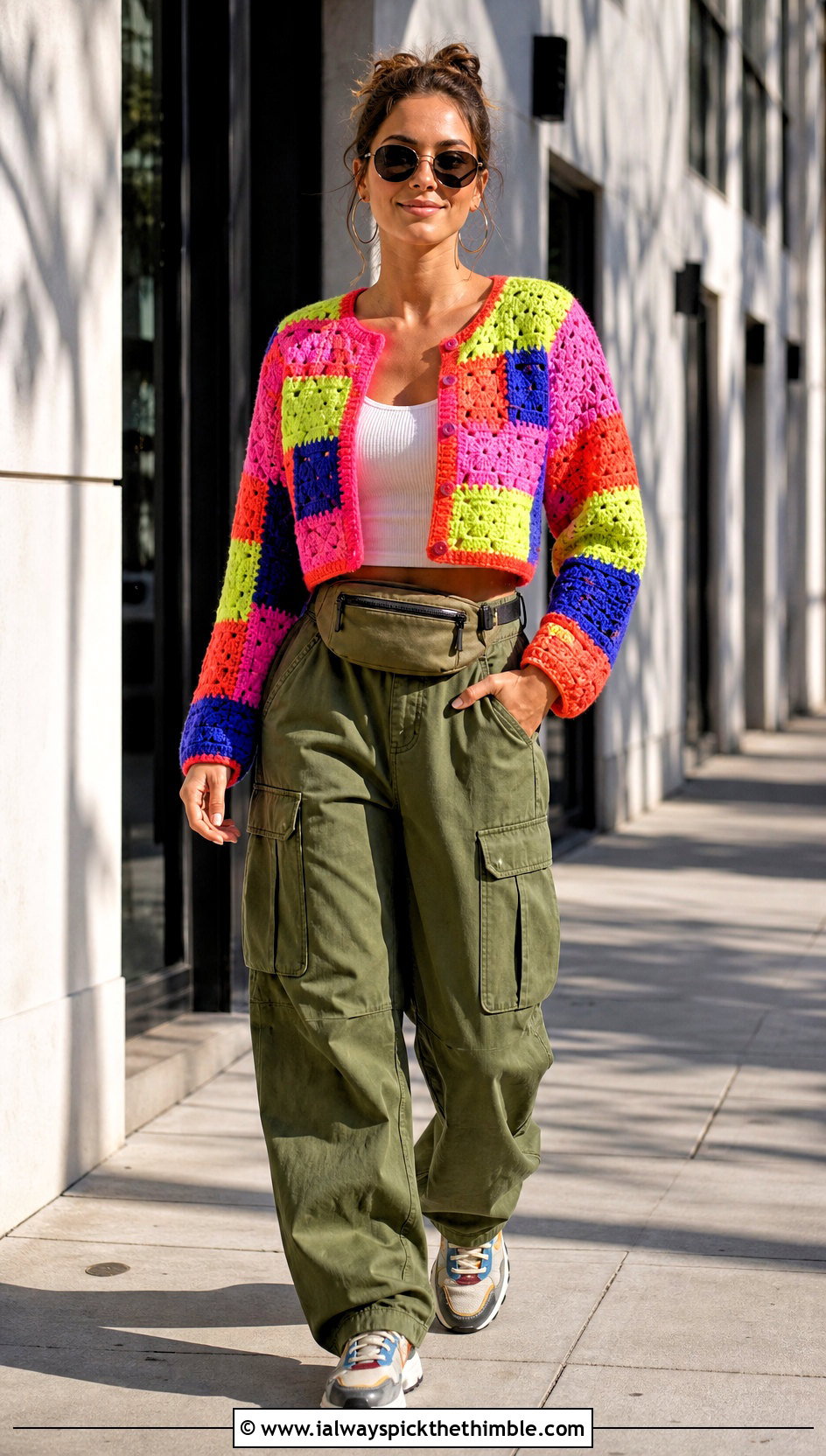Cropped Rainbow Patchwork Crochet Cardigan With Cargo Pants - 20 Rainbow Crochet Cardigan outfit ideas