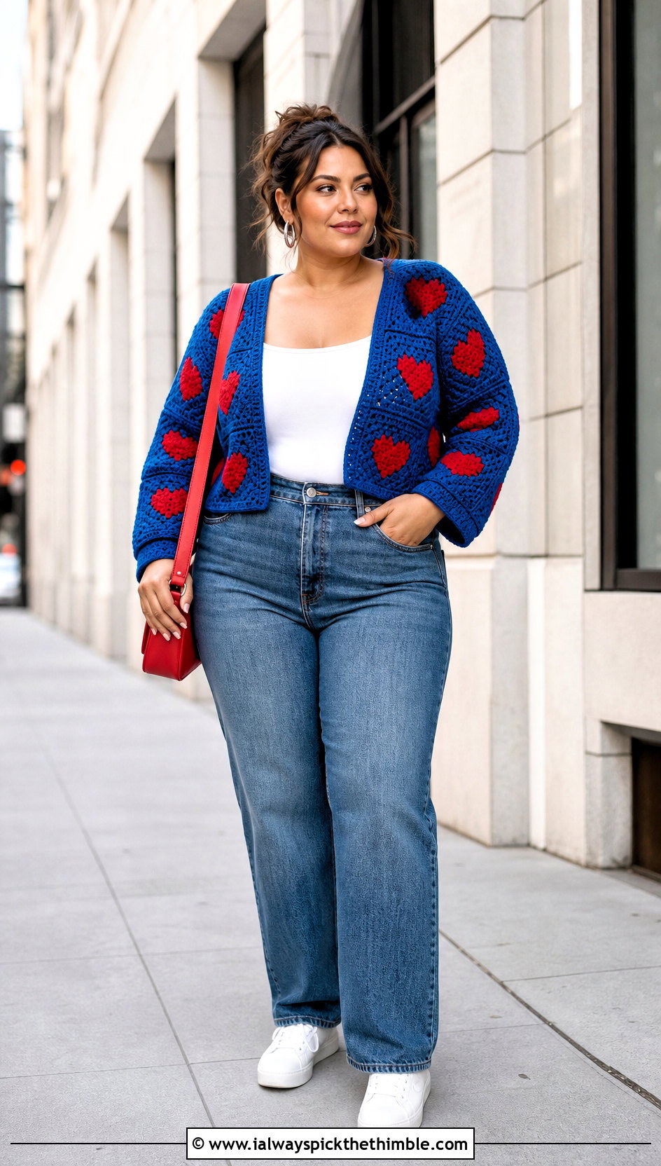 Cropped Red Heart Granny Square Cardigan With Straight Leg Jeans - 15 red heart granny square cardigan outfit ideas