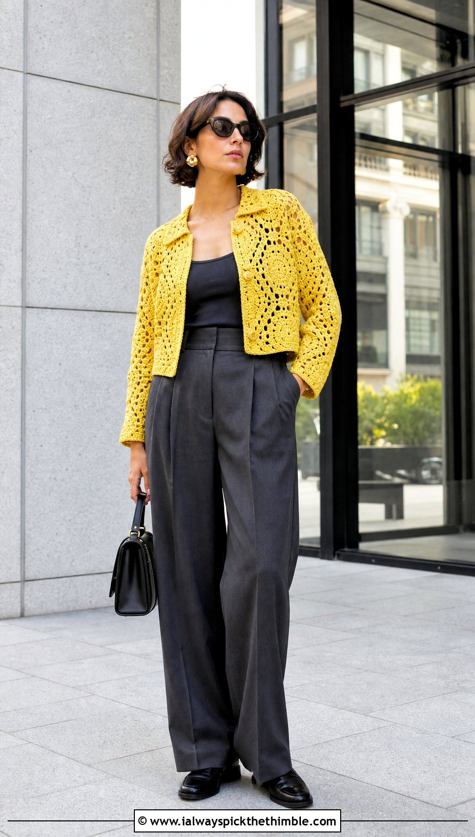 Cropped Relaxagon Crochet Shirt With Tailored Trousers - 15 relaxagon crochet shirt outfit ideas