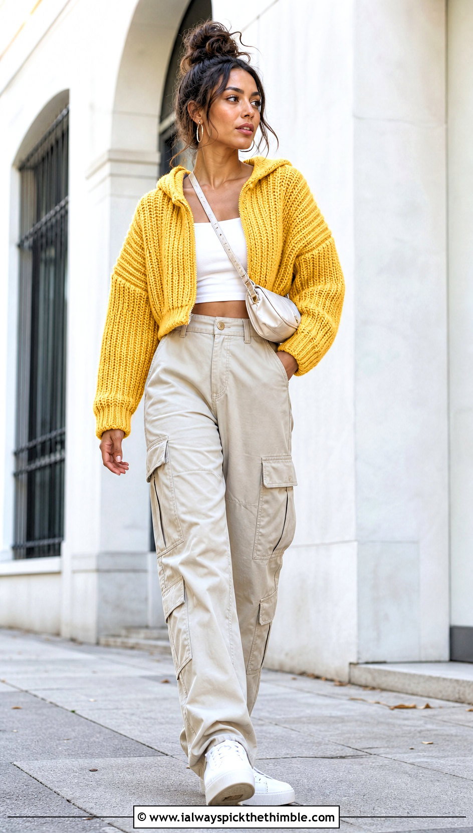 Cropped Ribbed Chunky Crochet Hoodie With Cargo Pants - 20 crochet chunky hoodie outfit ideas