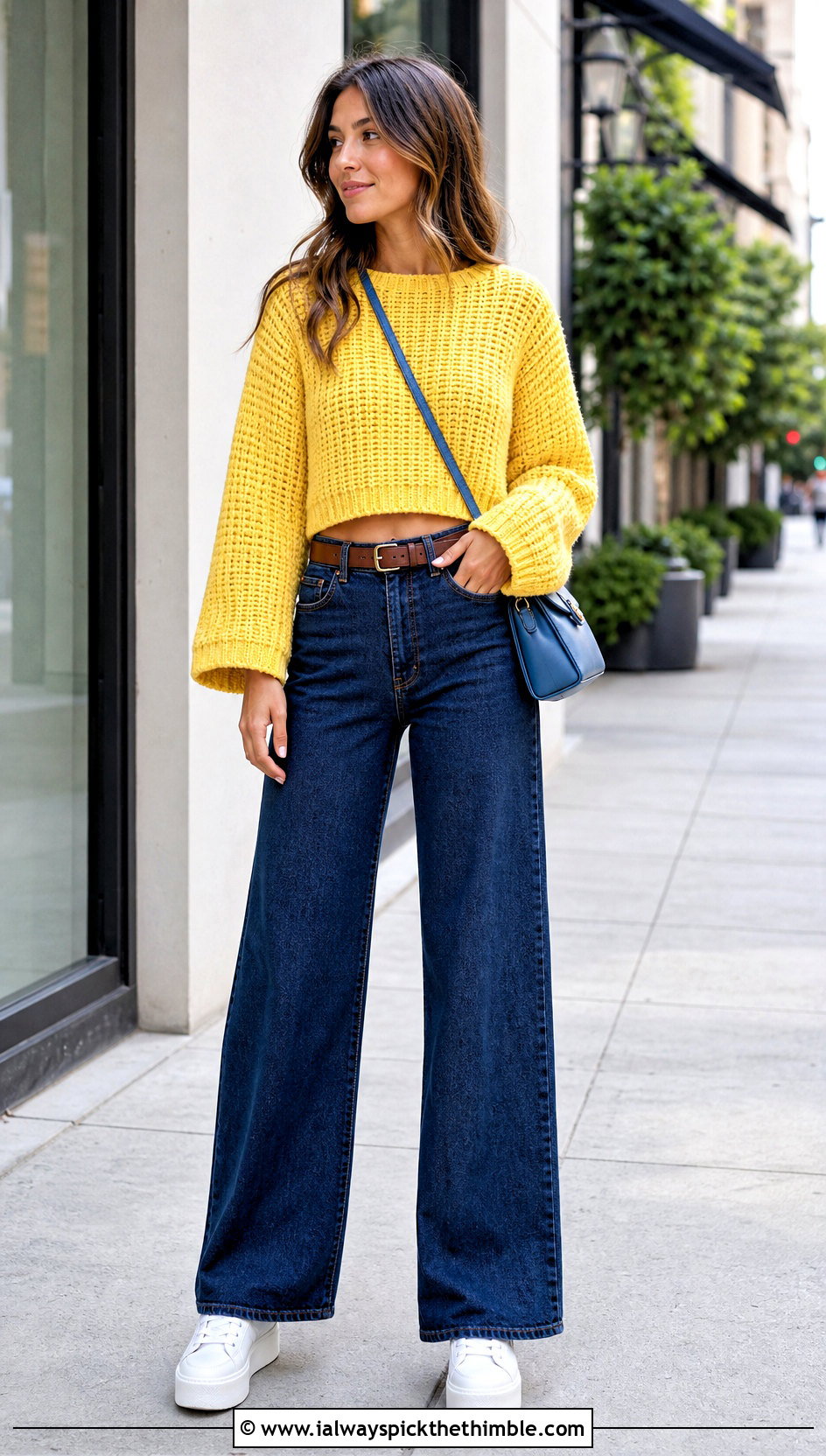 Cropped Ribbed Crochet Boxy Sweater With Wide Leg Jeans - 20 Crochet Boxy Sweater outfit ideas