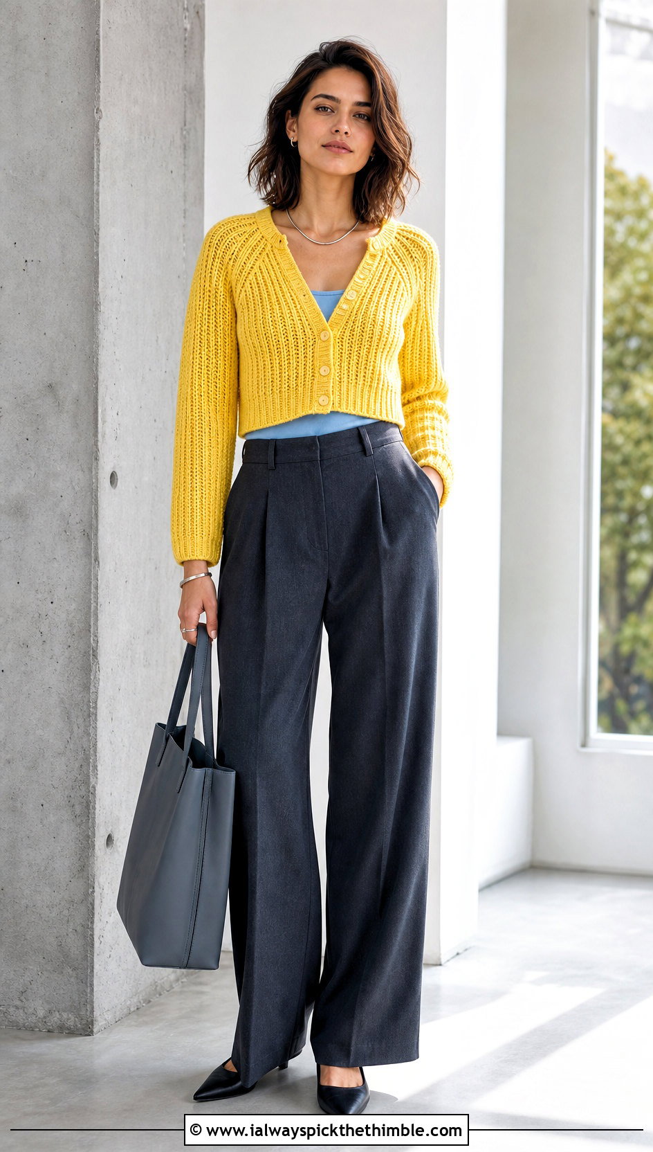 Cropped Ribbed Crochet Cardigan With Pleated Trousers - 15 classic crochet cardigan outfit ideas