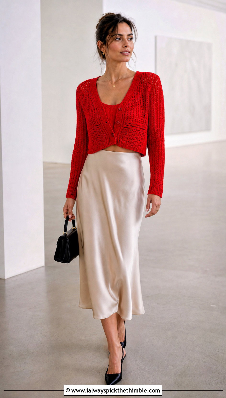 Cropped Ribbed Crochet Cardigan With Satin Midi Skirt - 20 lightweight crochet cardigan outfit ideas