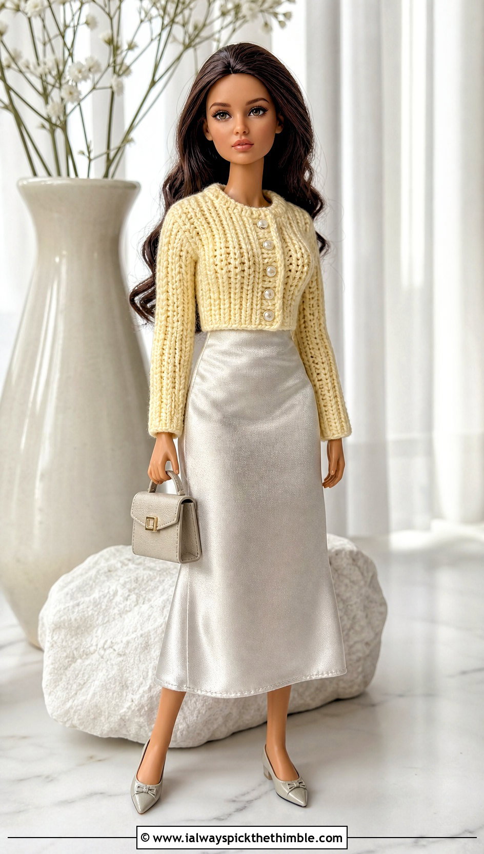Cropped Ribbed Crochet Doll Cardigan With Satin Skirt - 20 crochet doll cardigan outfit ideas