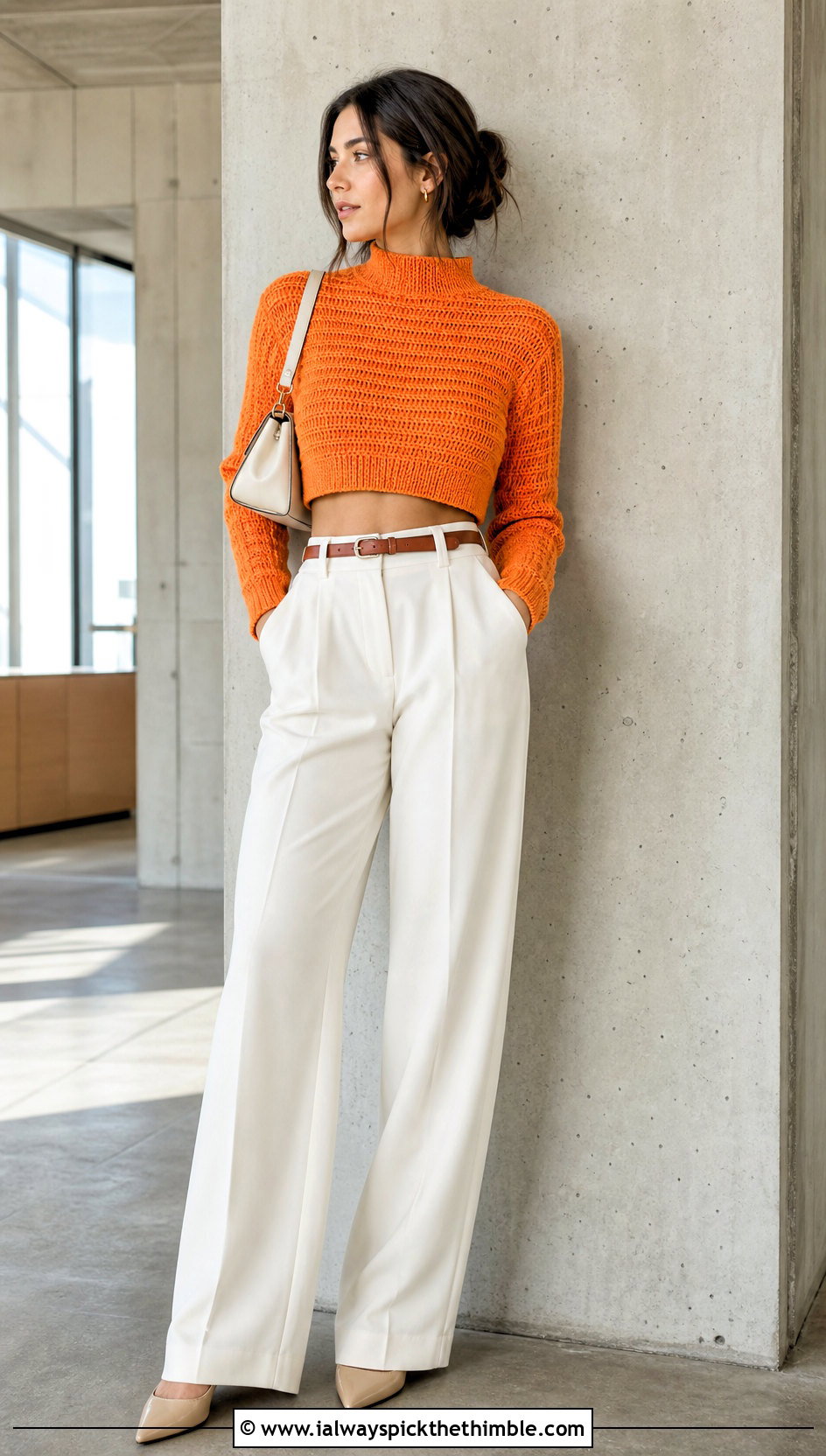 Cropped Ribbed Crochet Mock Neck Sweater With Wide Leg Trousers - 20 Ribbed Crochet Sweater outfit ideas