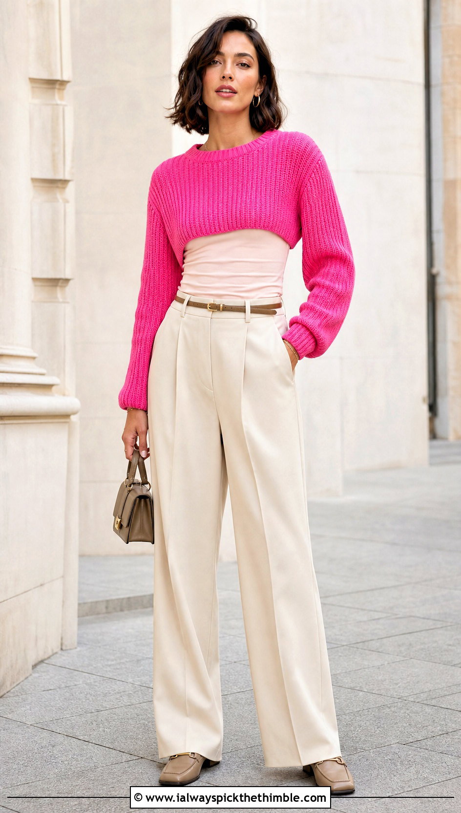 Cropped Ribbed Crochet Pullover With Pleated Trousers - 20 women crochet pullover outfit ideas