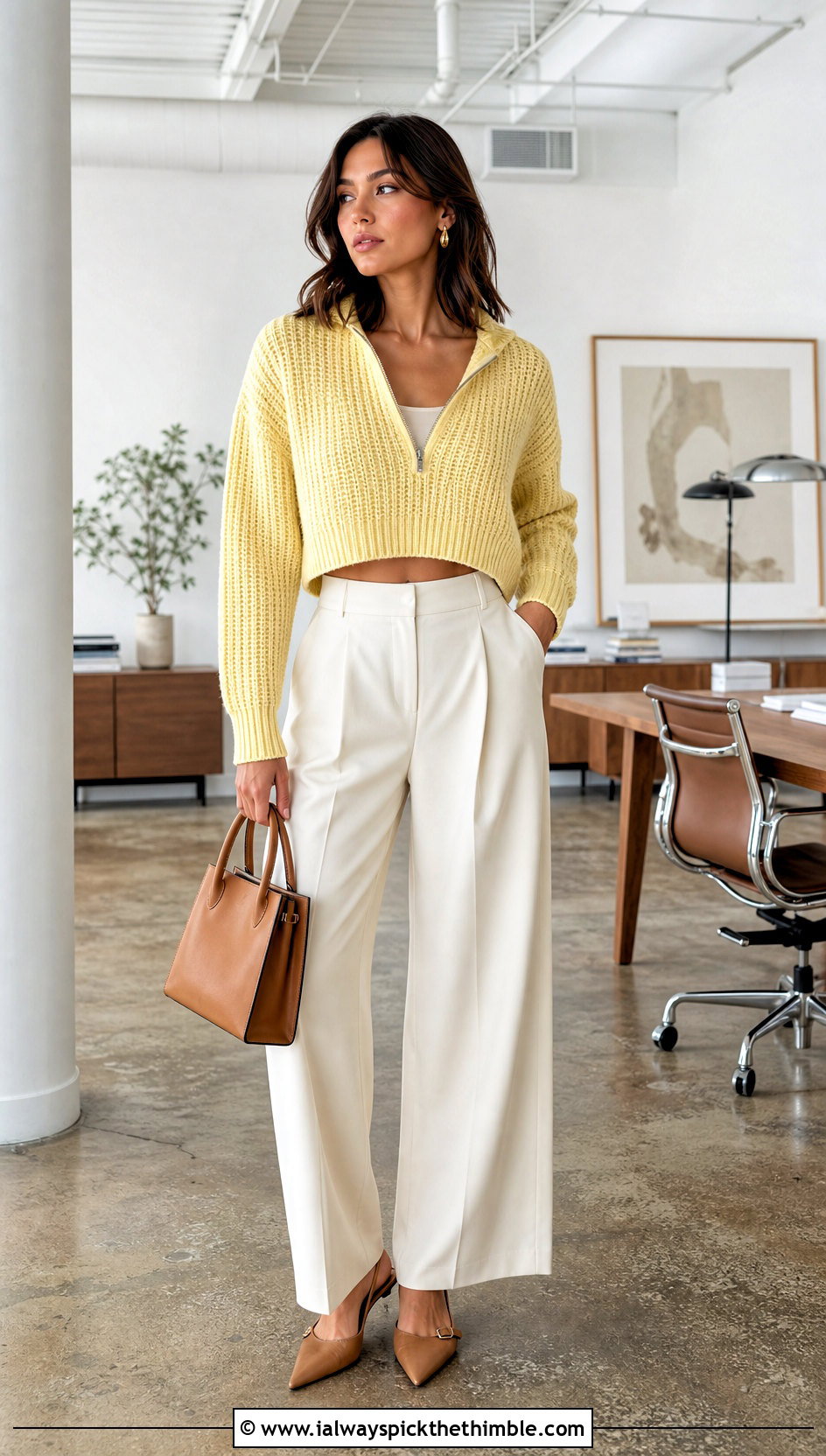 Cropped Ribbed Crochet Quarter Zip Sweater With Wide Leg Trousers - 20 crochet quarter zip sweater outfit ideas