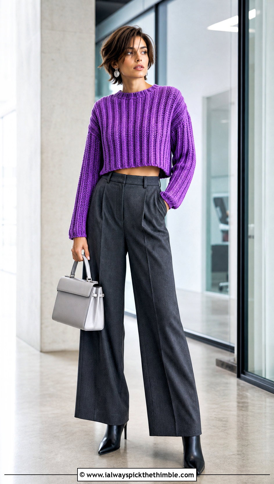 Cropped Ribbed Crochet Sweater With Wide Leg Trousers - 20 chunky yarn crochet sweater outfit ideas