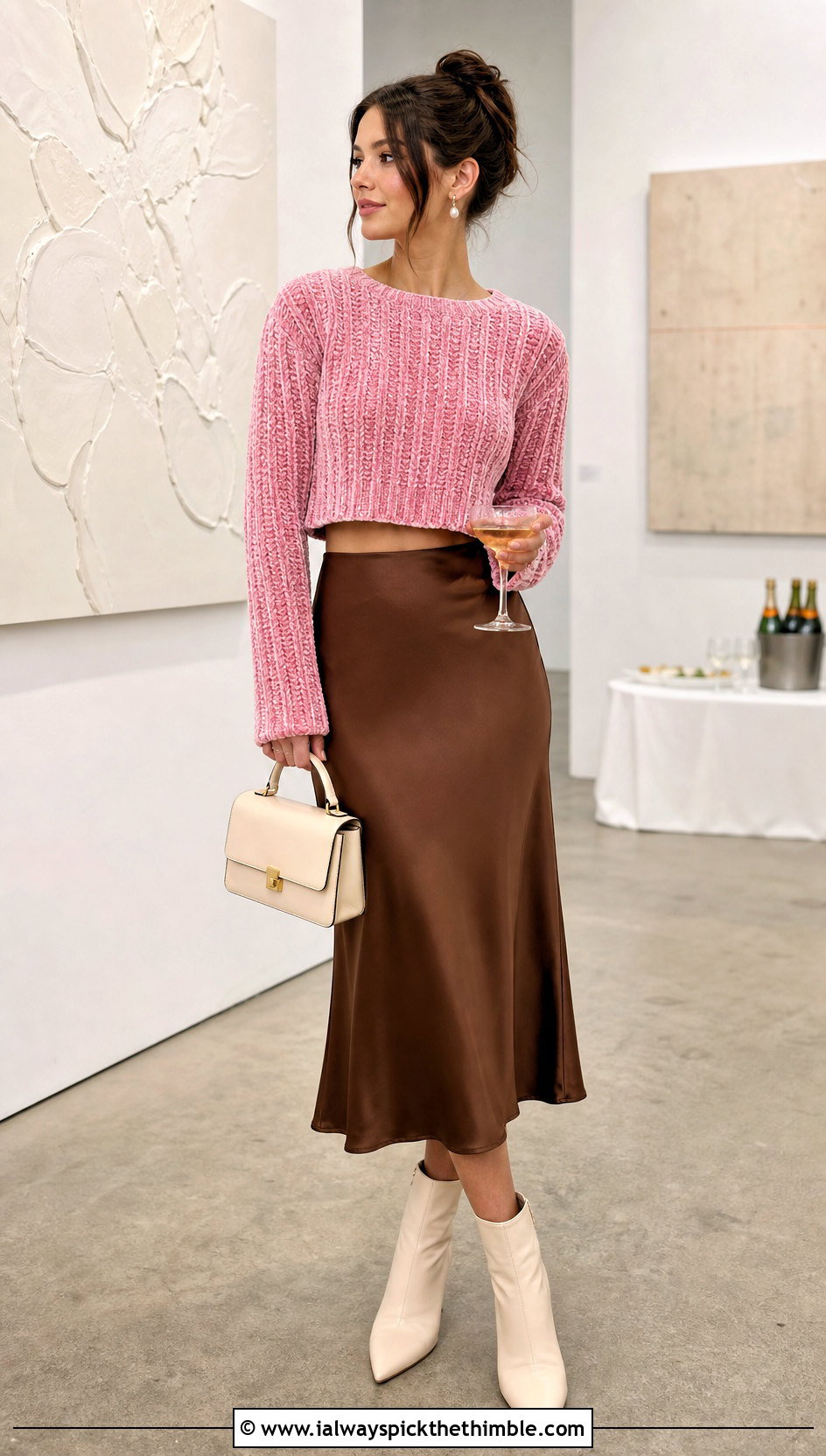 Cropped Ribbed Crochet Velvet Sweater With Satin Midi Skirt - 20 Crochet Velvet Sweater outfit ideas