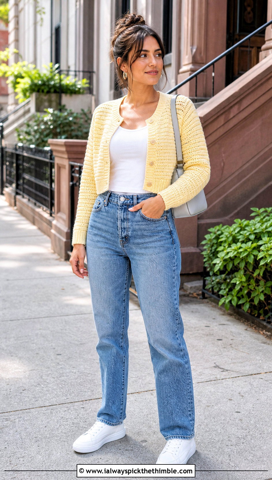 Cropped Ribbed Double Crochet Cardigan With Straight Leg Jeans - 20 Double Crochet Cardigan outfit ideas