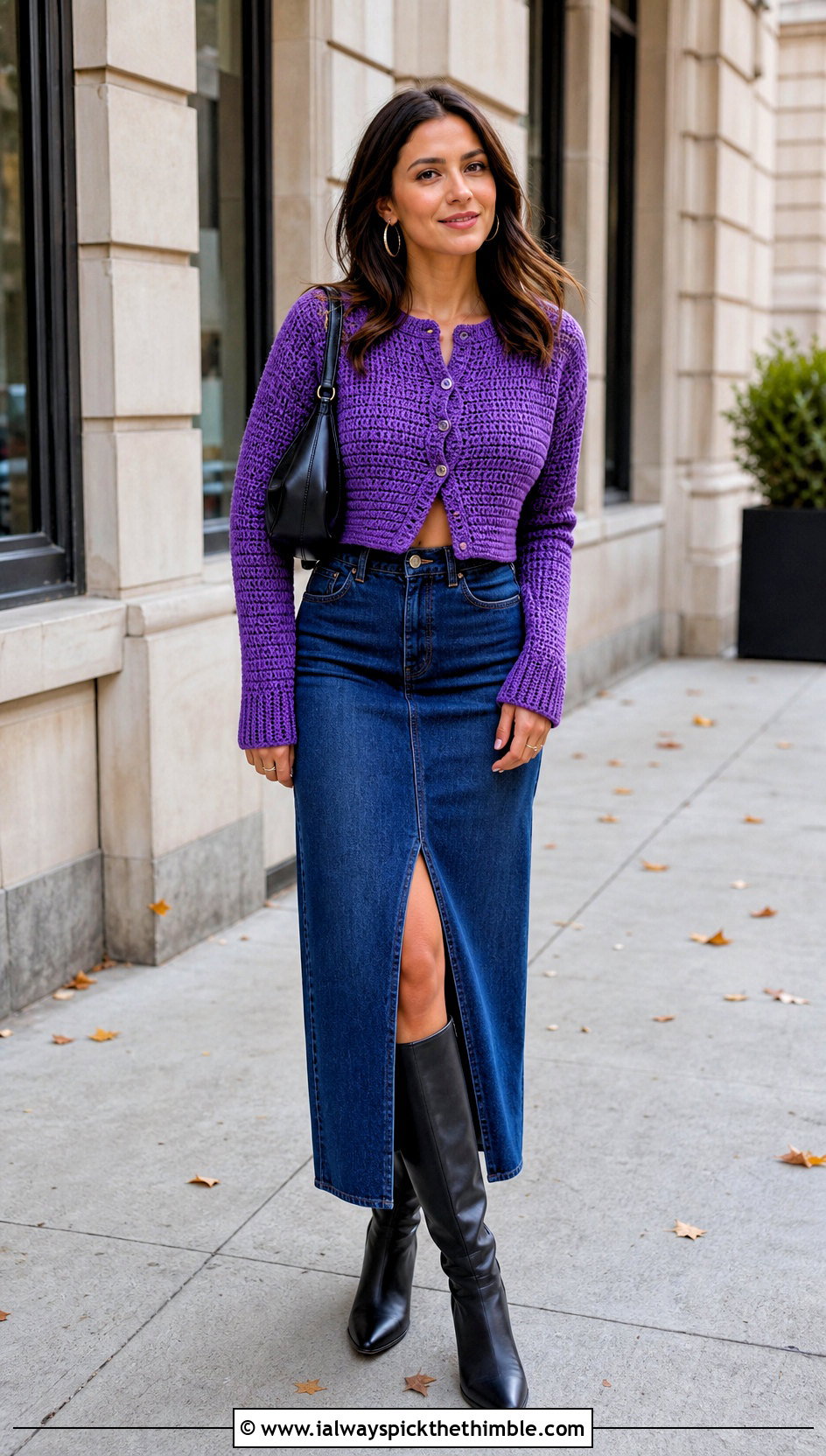 Cropped Ribbed Folklore Crochet Cardigan With Denim Midi Skirt - 20 folklore crochet cardigan outfit ideas