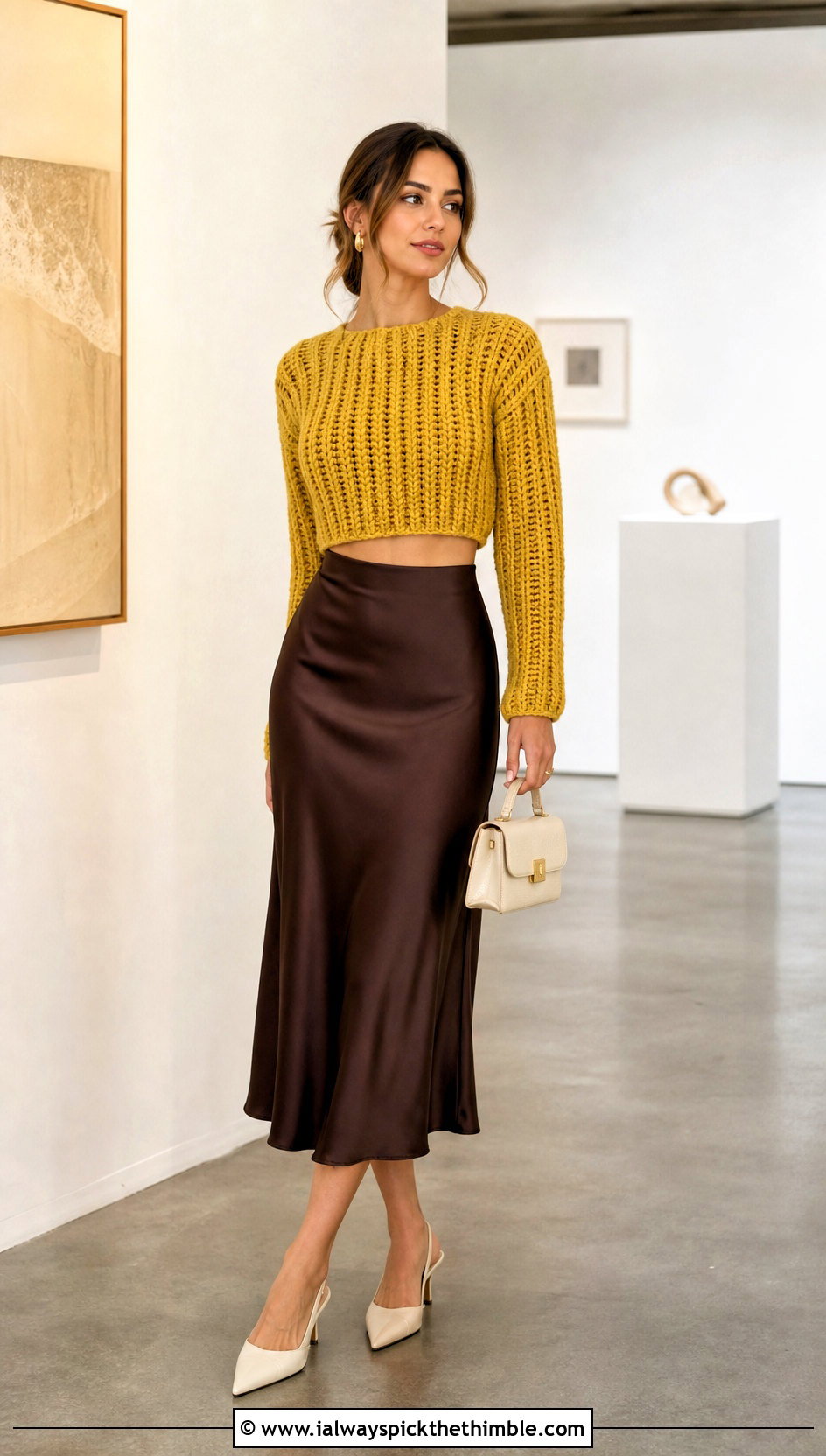 Cropped Ribbed Velvet Crochet Sweater With Satin Midi Skirt - 20 velvet crochet sweater outfit ideas
