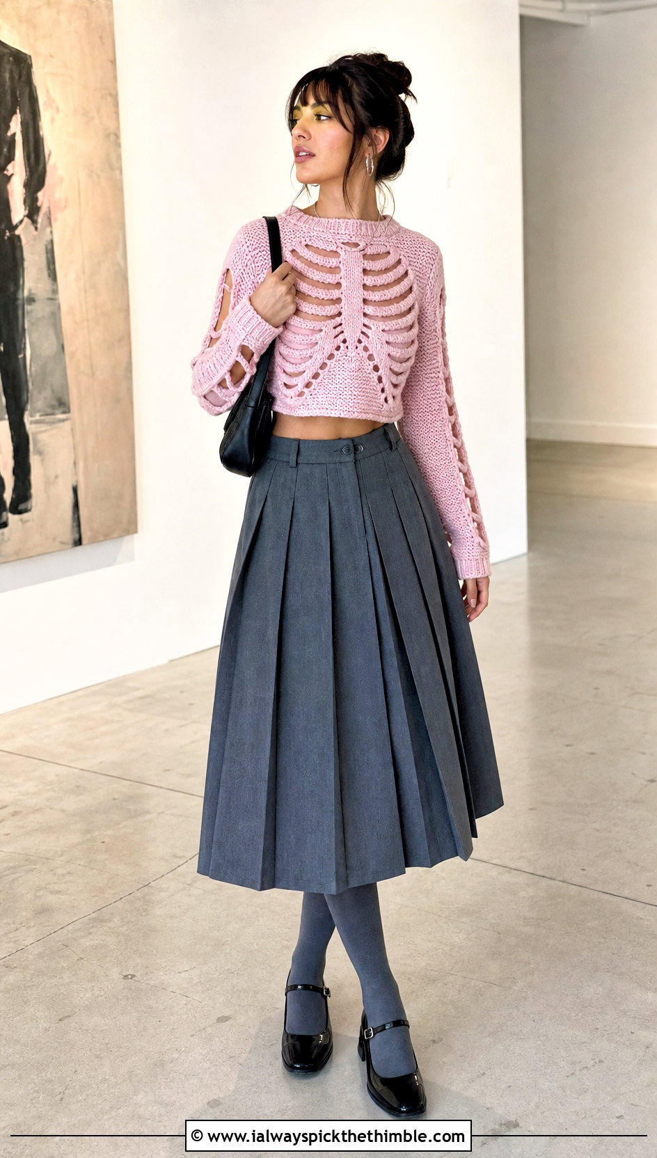 Cropped Ribcage Crochet Skeleton Sweater With Pleated Midi Skirt - 20 Crochet Skeleton Sweater outfit ideas