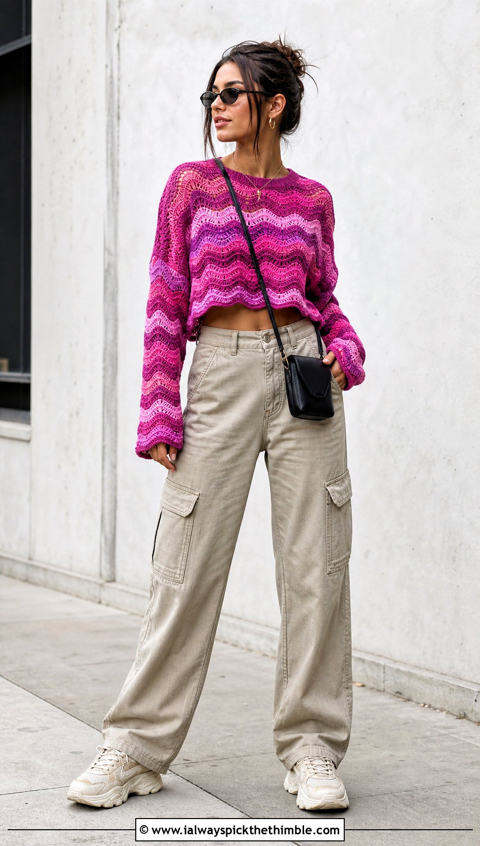 Cropped Ripple Crochet Sweater With Cargo Pants - 25 wavy crochet sweater outfit ideas