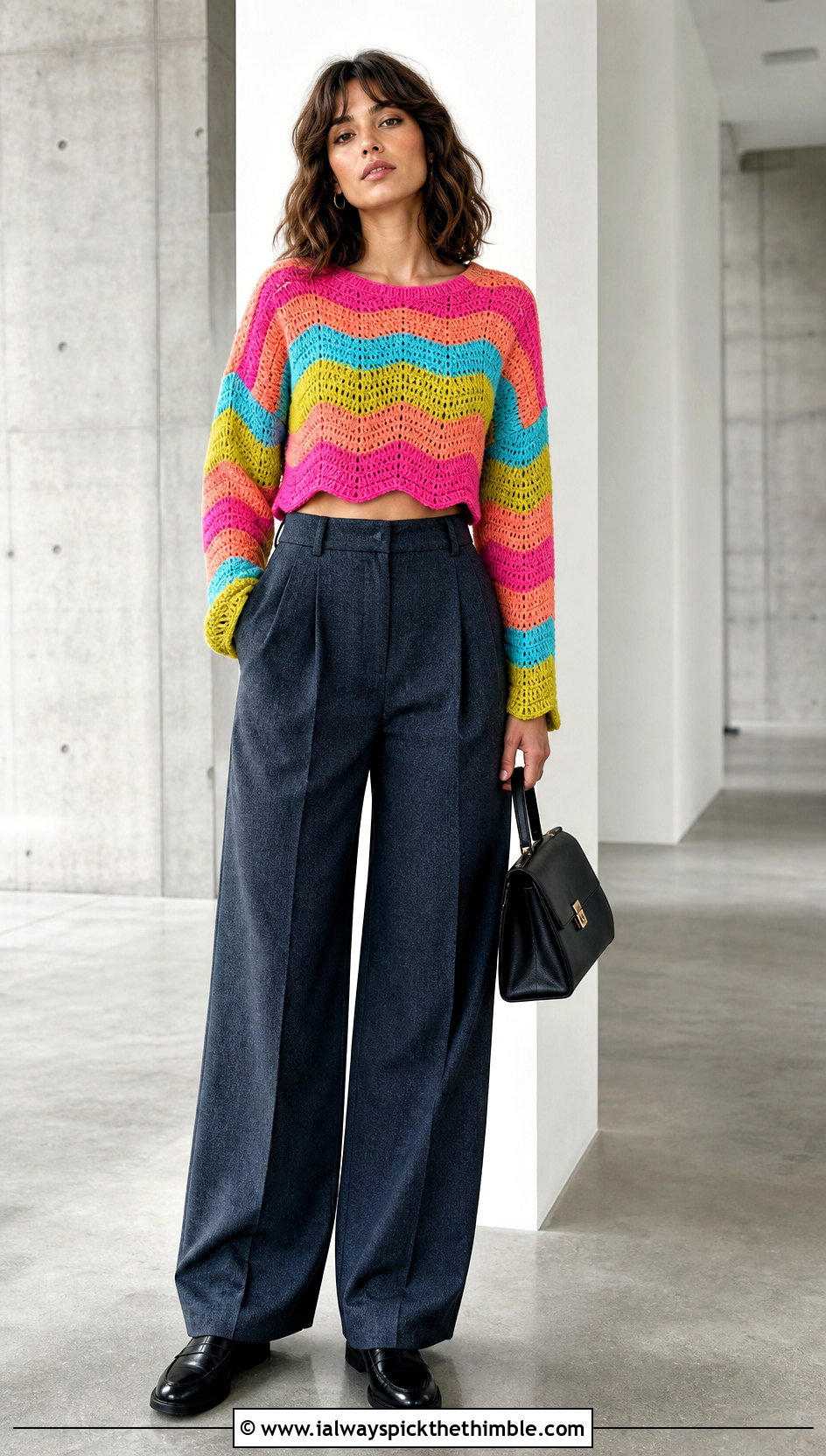 Cropped Ripple Stitch Rainbow Crochet Sweater With Wide Leg Trousers - 20 Rainbow Crochet Sweater outfit ideas