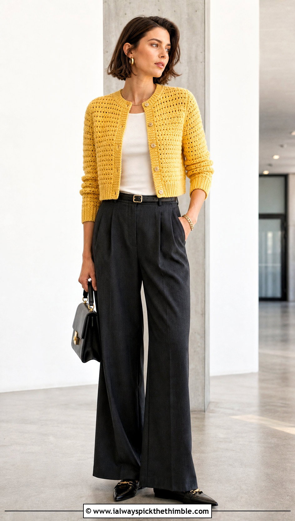 Cropped Riverbed Crochet Cardigan With Wide Leg Trousers - 20 riverbed crochet cardigan outfit ideas
